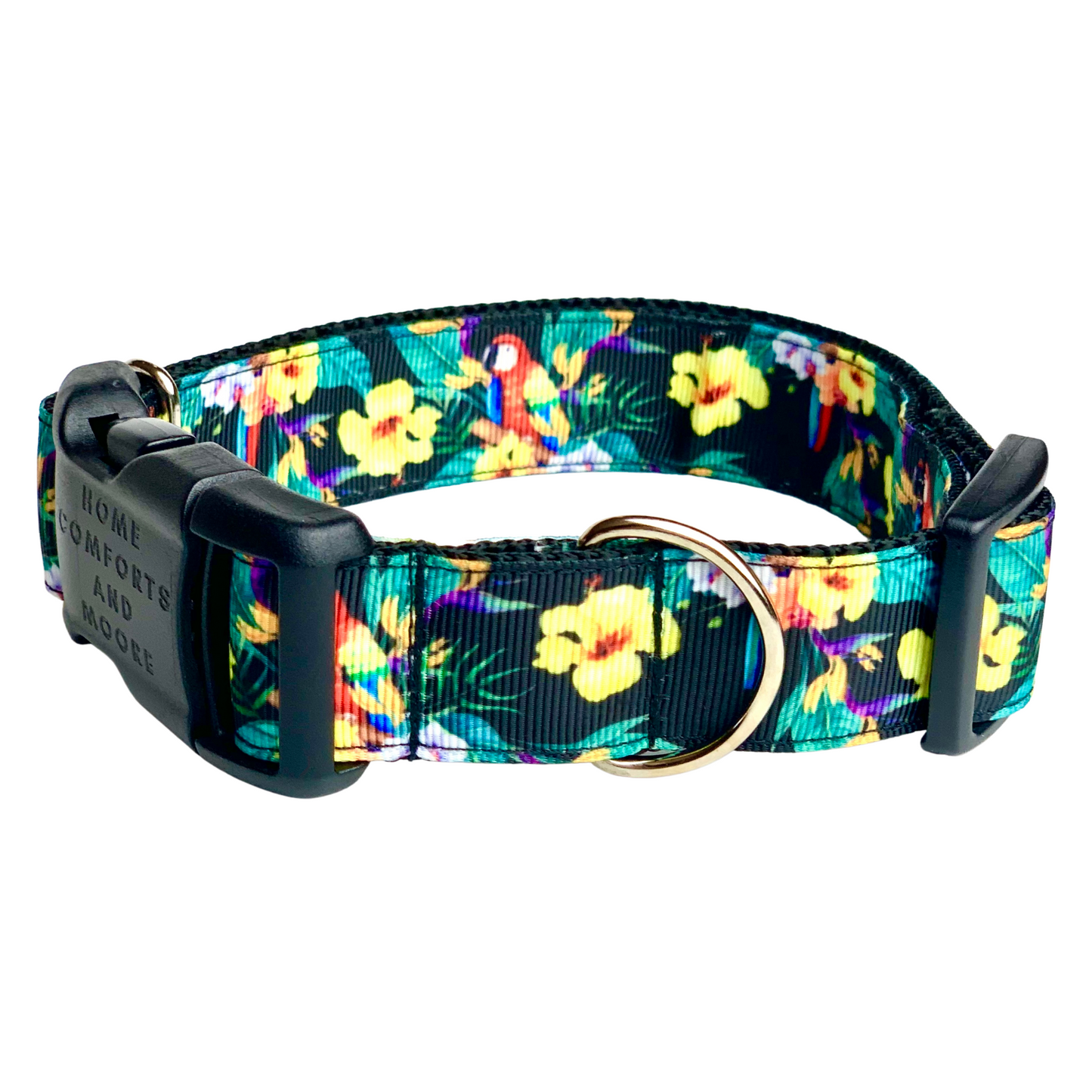 Black Tropical Parrot Print Dog Collar