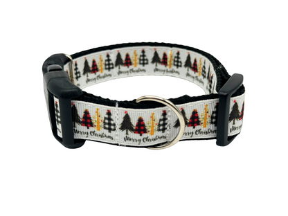 Christmas Trees Merry Christmas White and Red Lumberjack Plaid Dog Collar