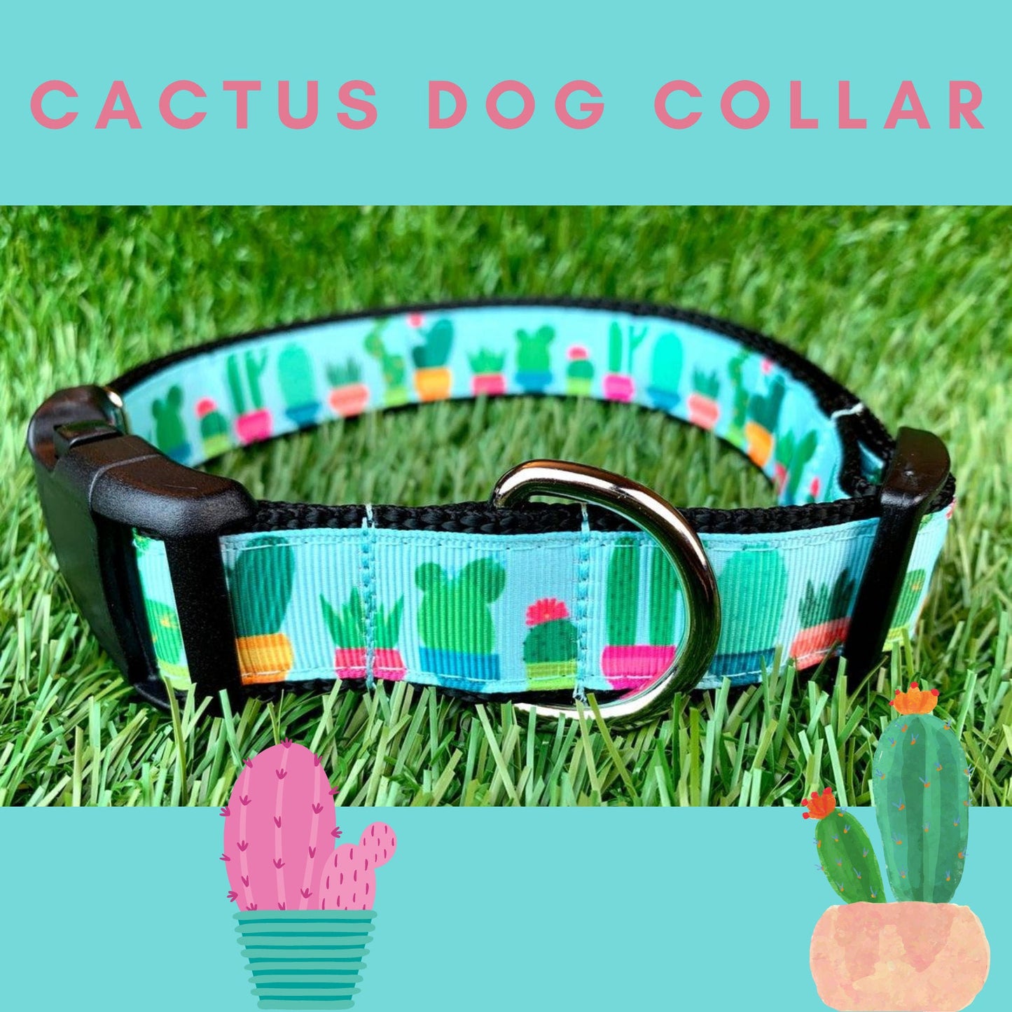 Teal Cactus Succulent Saguaro Dog Collar