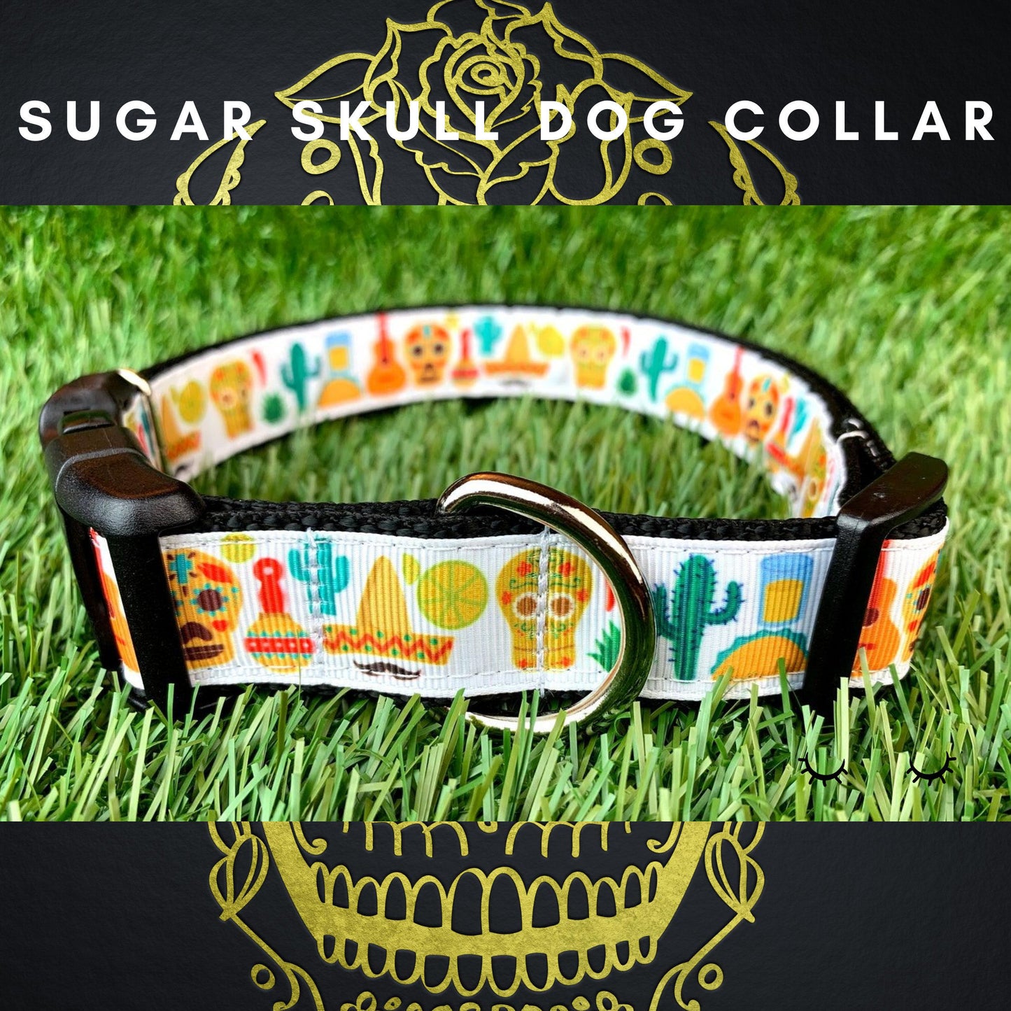 Viva La Mexico Sugar Skull Day of Dead Dog Collar